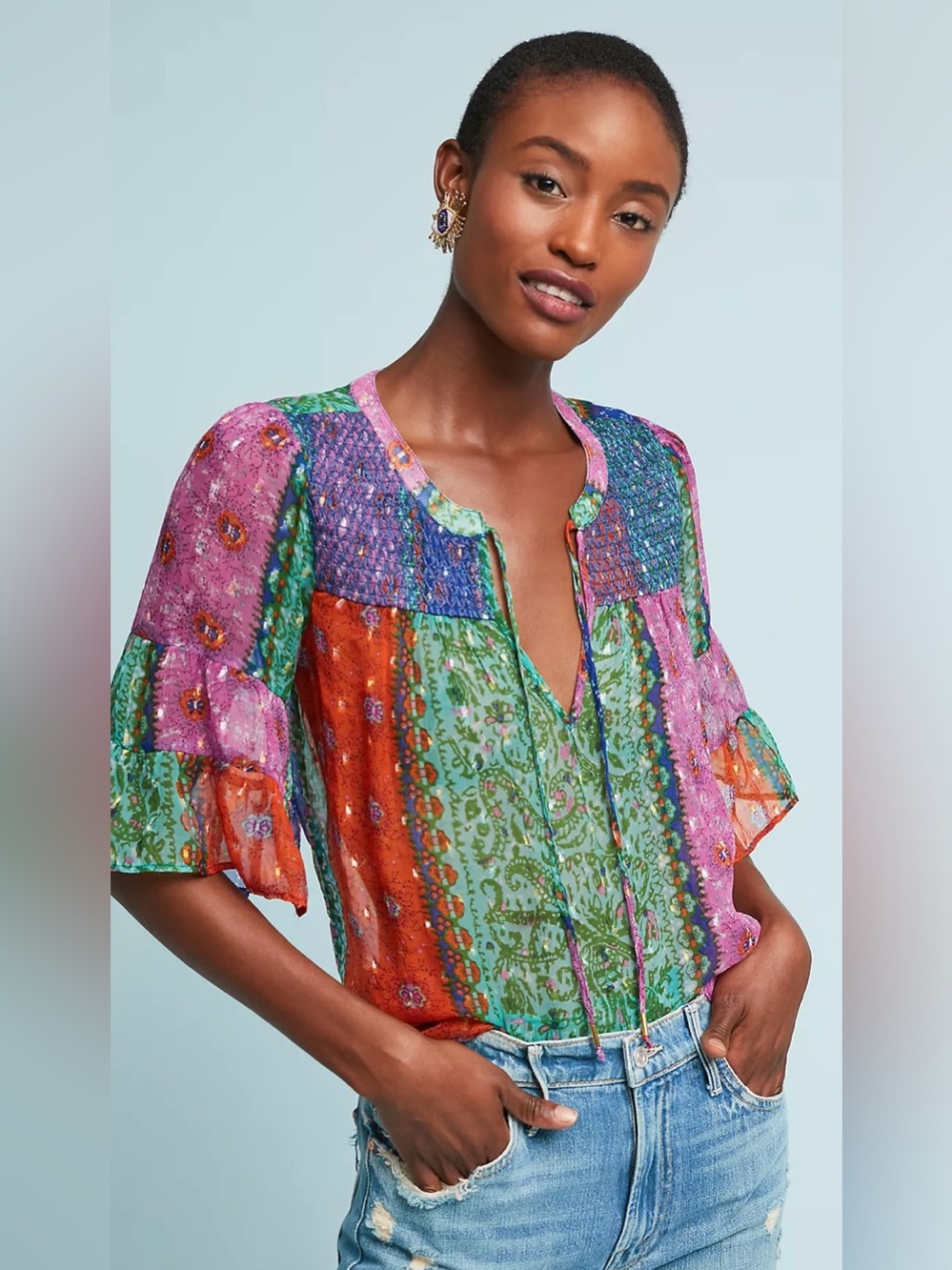 Anthropologie Akemi + Kin Antonella Multicolor Tie-Neck Boho Peasant Top L